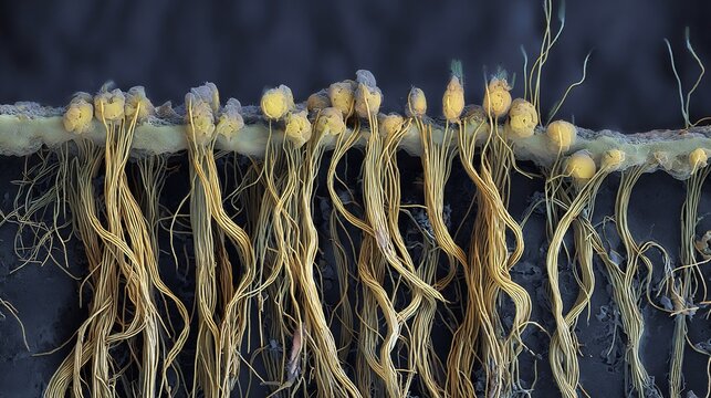 Microscopic close up of plant root hairs for nutrient absorption in a biological science concept