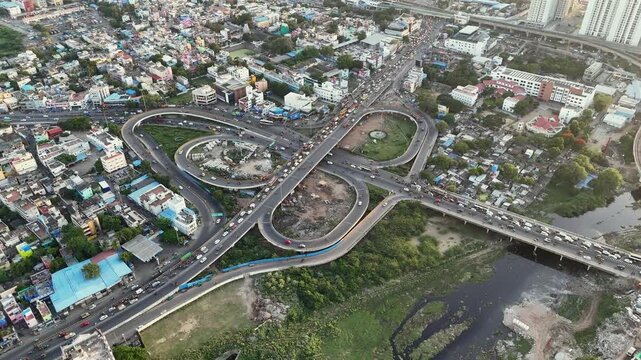 Aerial Shot of Anna Nagar Flyover and Urban Traffic in Chennai Tamil Nadu India