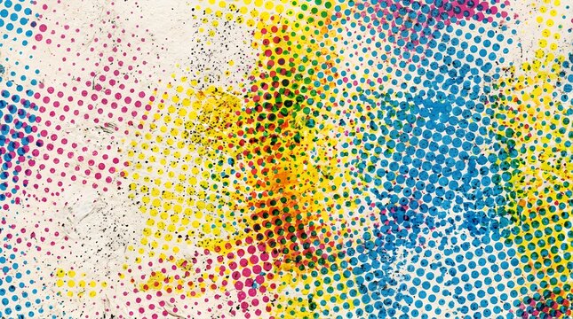 Abstract CMYK halftone texture pattern featuring cyan magenta yellow and black dots with an offset printing error effect on rough paper texture perfect for retro graphic design backgrounds.