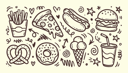Hand drawn fast food illustration with burger pizza french fries hot dog and donut doodle © Arshad