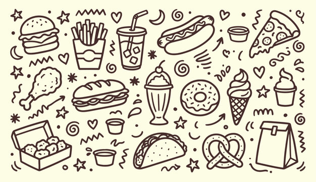Fast food doodle set with burger pizza fries hot dog taco and dessert line art illustration