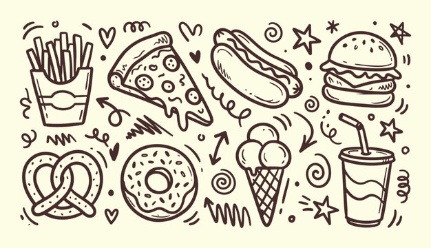 Hand drawn fast food illustration with burger pizza french fries hot dog and donut doodle