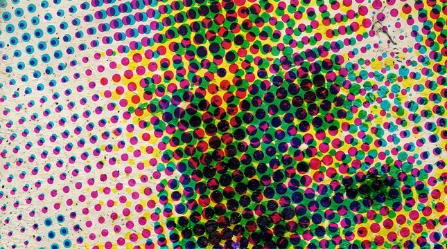 Abstract CMYK halftone texture pattern with offset printing error effect on rough paper creates a unique graphic design background for vintage retro aesthetics and artistic compositions.