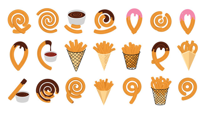 Comprehensive set of various churro snacks, dips, and serving options including cones and baskets on white background.