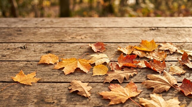 Autumn leaves scattered on a rustic wooden table in a forest setting