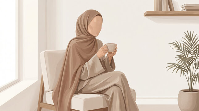 Calm and refined hijab woman illustration portrait featuring minimal facial detail, natural aesthetic and contemporary modest fashion style