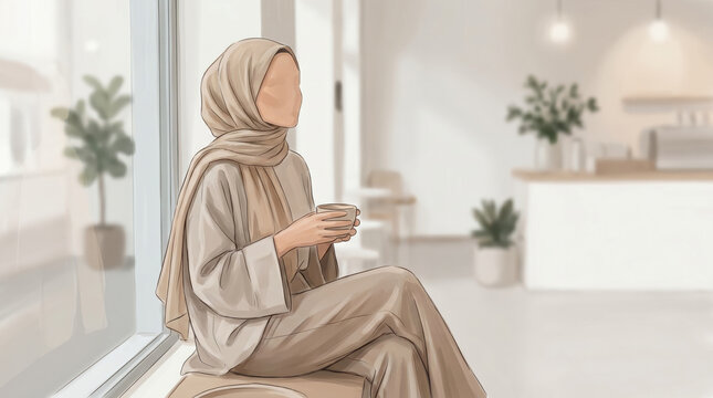 Calm and refined hijab woman illustration portrait featuring minimal facial detail, natural aesthetic and contemporary modest fashion style