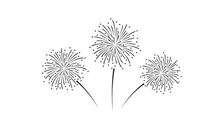 Obraz premium Simple black and white sketch of three bursting fireworks exploding in the night sky for a holiday celebration.