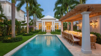 Fototapeta premium Elegant Outdoor Dining Area with Pool Surrounded by Lush Greenery in a Luxurious Home at Dusk