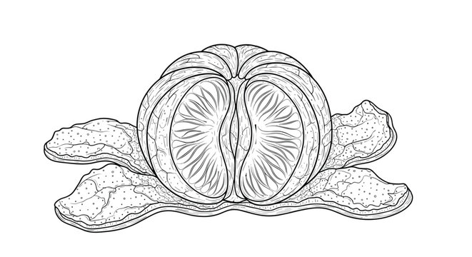 Detailed black and white botanical illustration of a partially peeled tangerine fruit showing internal segments.
