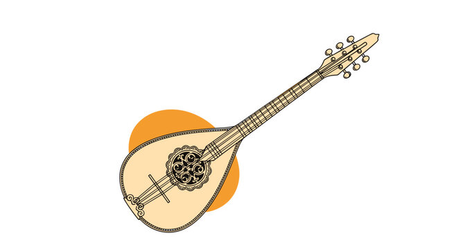 Vintage wooden string instrument resembling a mandolin or lute with intricate carvings on a plain white background.