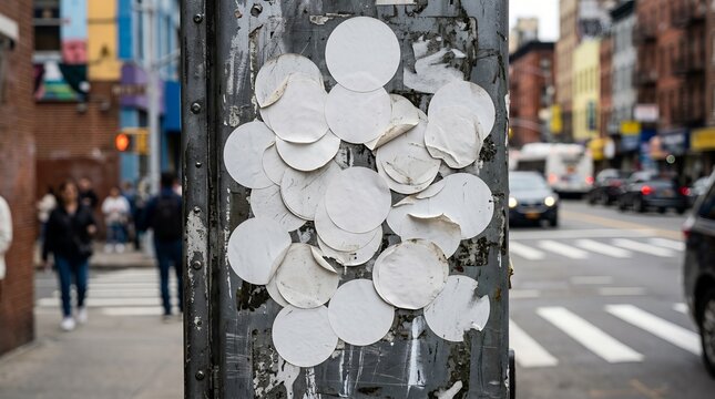 Urban Street Mockup Featuring a Collection of Blank Circular White Stickers Overlapping on a Weathered Scratched Metal Pole in a City Setting for Guerrilla Marketing and Graphic Design Labels
