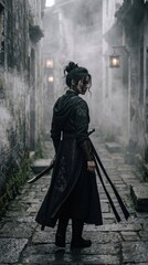 Naklejka premium Woman Walking in Foggy Alley with Umbrella Victorian Gothic Style