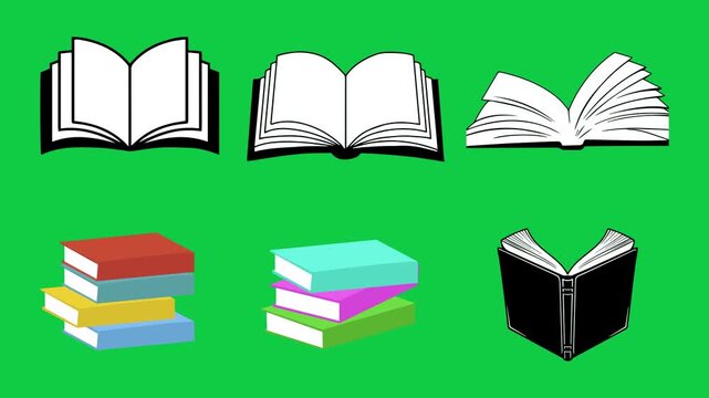 6 Animated Book Icons and Illustrations on Green Screen Background &ndash; Open Books and Stack of Books Motion Graphics Clipart Loop