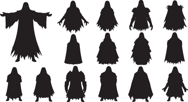Collection of black silhouette illustrations featuring hooded fantasy characters, wizards, and cloaked figures with tattered robes on a white background for graphic design.