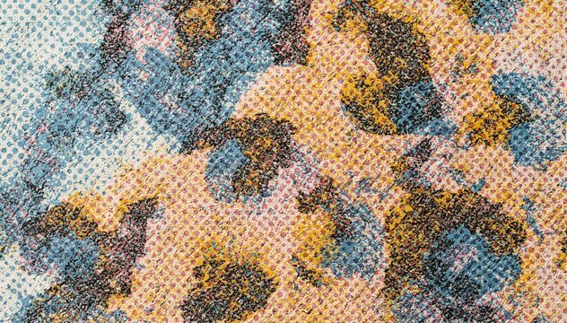 Abstract CMYK halftone texture pattern featuring cyan, magenta, yellow, and black dots with intentional offset printing error effects on a rough paper surface, perfect for graphic design.