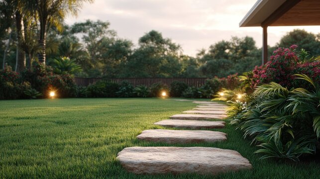 Serene Garden Pathway with Natural Stone Stepping Stones Surrounded by Lush Greenery and Colorful Flowers in a Tranquil Outdoor Setting