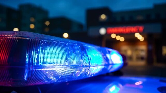 Ambulance arrives at hospital emergency unit at night during rainy weather