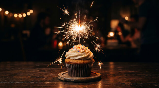 Sparkler candle burning brightly on top of a delicious chocolate cupcake against a dark background, vibrant celebration of birthday or special anniversary, festive sparks and glowing light.