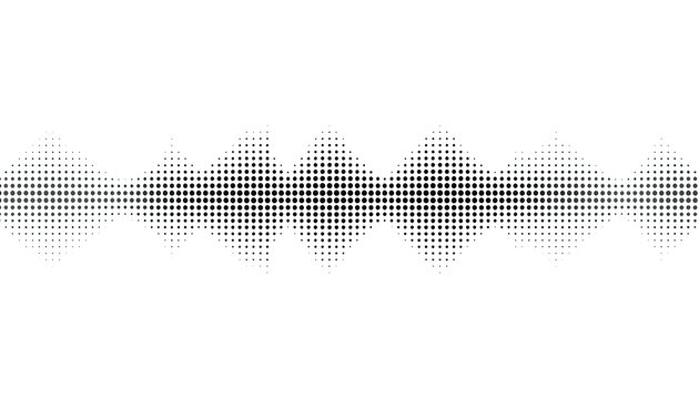 Abstract halftone sound wave made of black dots isolated on white background.