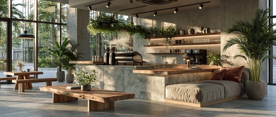 Modern specialty coffee shop interior with plants and wooden furniture