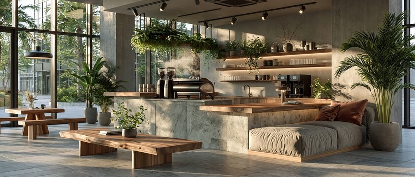Modern specialty coffee shop interior with plants and wooden furniture