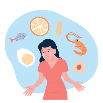 Food allergy. Woman has watery eyes, rash and redness of skin due to nutrition allergy. Different allergens, intolerance for products, recent vector scene