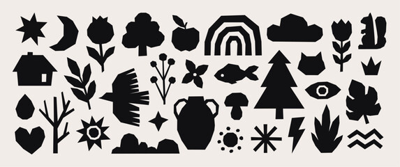 Naklejka premium Linocut shapes. Different geometric nature symbols, tree, apple, flower, cloud. Decorative cutout fish, bird, jug, heart, house, racy vector clipart