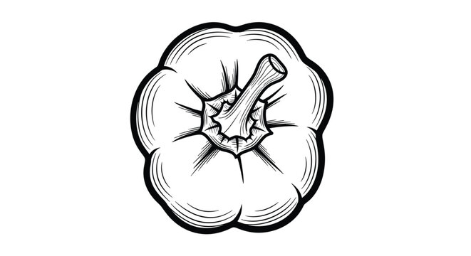 Detailed black and white engraving of a fresh bell pepper from a top down perspective showing the stem and lobes in a fine line style.