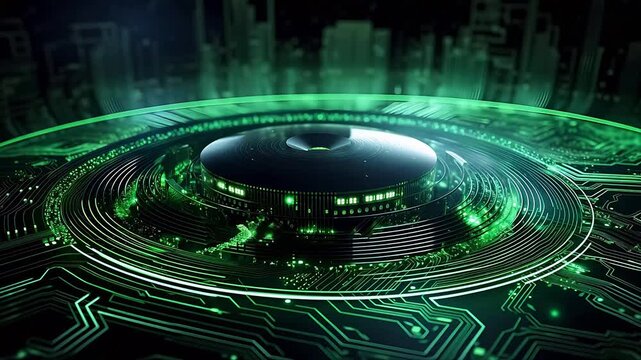 Digital technology green glowing circle scene abstract background