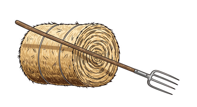 Rural scene illustration of a large round hay bale in a field with a traditional wooden handled pitchfork leaning against its side.