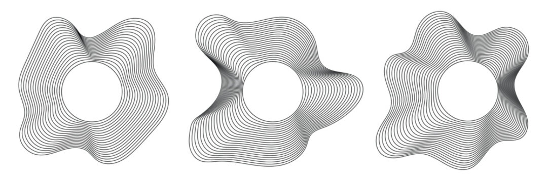 Abstract sound wave vector illustration set with circular distortion lines and black-and-white radial ripple patterns. Modern dynamic audio waveform design elements for banners, posters in eps 10.