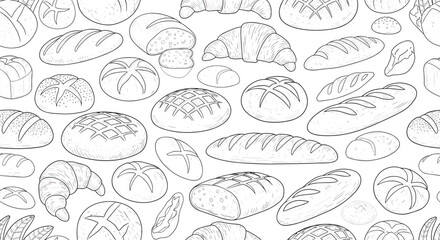 Obraz premium Seamless background pattern filled with various hand drawn sketches of different types of bread buns and flaky croissant pastries.