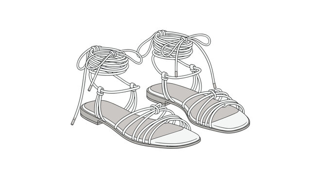 Elegant pair of strappy flat sandals with long laces designed to wrap around the ankle shown in a detailed line drawing.