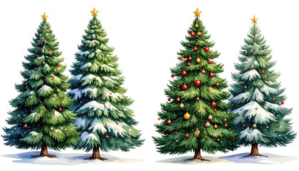 Fototapeta premium Four stylized evergreen conifers, two with decorations, with snow-covered ground and star toppers. They stand on a pure black background