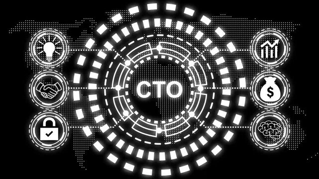 A glowing blue circular diagram with the word cto in the center and six surrounding icons representing business concepts.