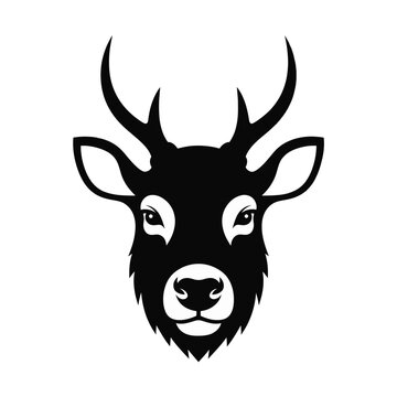 Black and white vector silhouette of a male deer stag head with pointed antlers, front view of buck face with eyes and nose details isolated on a white background for logo design.