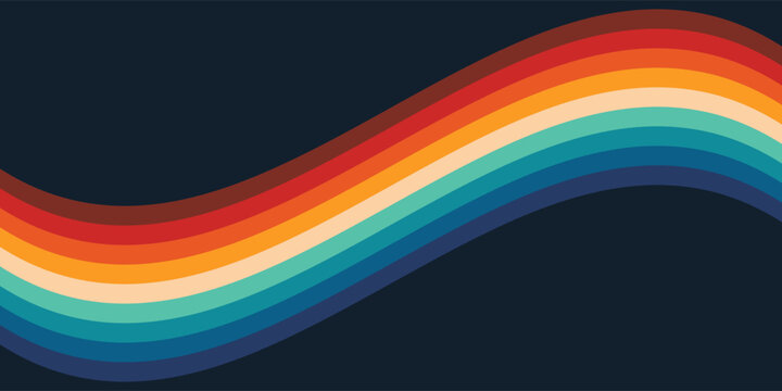 Abstract colorful 70s background vector. Vintage retro style wallpaper with lines, rainbow wavy stripes. 1970 color illustration design suitable for poster, banner, decorative, wall art.