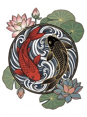 Fototapeta premium Japanese Koi Fish Yin Yang Mandala with Lotus Flowers Gold Border Traditional Art