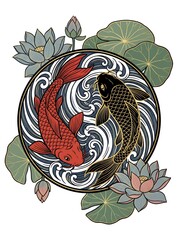Fototapeta premium Japanese Koi Fish Yin Yang Mandala with Lotus Flowers Gold Border Traditional Art