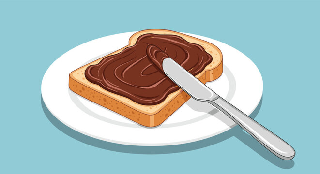 Sweet chocolate hazelnut spread being applied to a slice of toasted bread with a butter knife on a simple white plate and blue background.