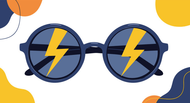 Stylish round blue sunglasses featuring bright yellow lightning bolt shapes on the lenses against a background of abstract colorful blobs.