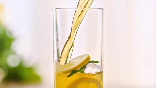 A cold glass of iced lemon tea with lemon slices and fresh mint leaves, ice cubes gently floating while the drink is poured, showcasing a refreshing summer beverage.