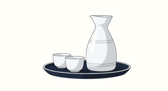 Traditional Japanese sake set with a white ceramic decanter bottle and two small drinking cups arranged on a dark round tray background.