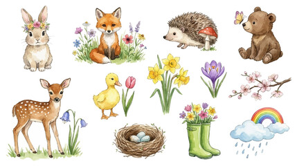Obraz premium Adorable woodland and springtime watercolor design bundle with flowers, rainbow and baby animals, whimsical nature theme. Collection of Vector illustrations for invitation, card, poster, banner, decor
