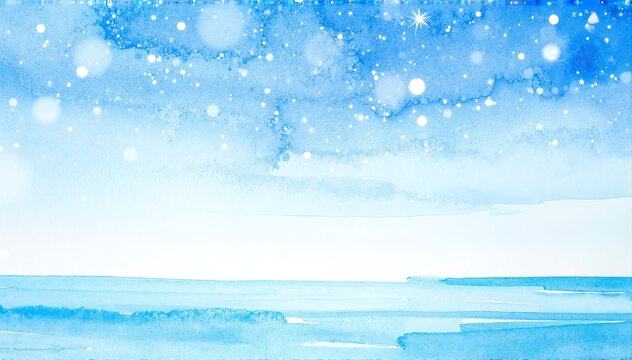 a painting of a blue ocean with snow falling off