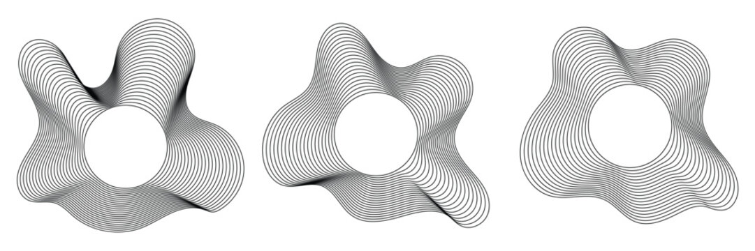 Abstract sound wave vector illustration set with circular distortion lines and black-and-white radial ripple patterns. Modern dynamic audio waveform design elements suitable for banners, posters