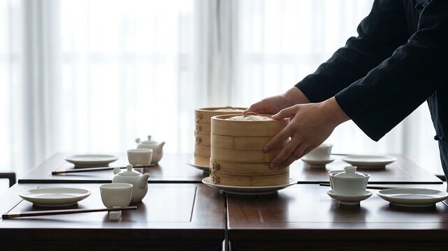 Woman waiter serves bamboo steamer with dim sum on wooden table. Traditional Chinese restaurant setting with ceramic tea set. Culinary concept of serving Asian gourmet food in cafe.