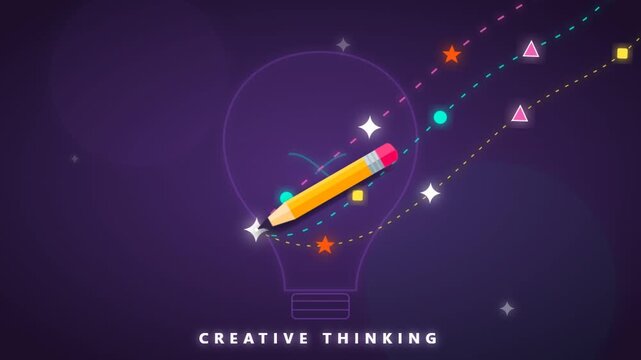 Animated creative thinking concept with lightbulb and pencil icons on purple background for brainstorming and innovation.