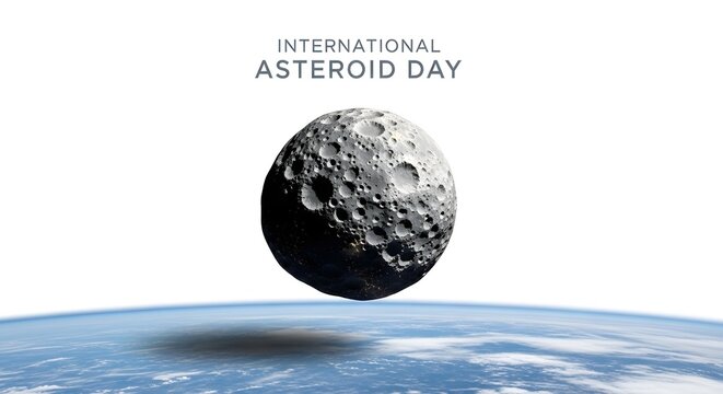 International asteroid day with a large asteroid hovering above earth